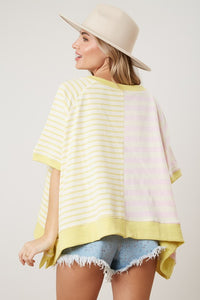 Peach Love Mixed Color Striped Oversized Top in Pink/Yellow Shirts & Tops Peach Love California   