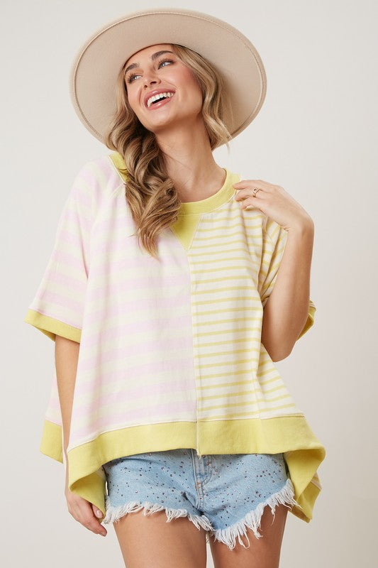 Peach Love Mixed Color Striped Oversized Top in Pink/Yellow Shirts & Tops Peach Love California   