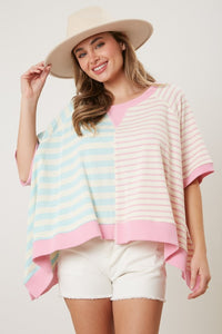 Peach Love Mixed Color Striped Oversized Top in Blue/Pink Shirts & Tops Peach Love California   