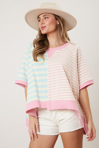 Peach Love Mixed Color Striped Oversized Top in Blue/Pink Shirts & Tops Peach Love California   