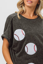 Load image into Gallery viewer, BiBi Mineral Washed Top with Sequin Baseball Patches in Black Charcoal Shirts &amp; Tops BiBi   
