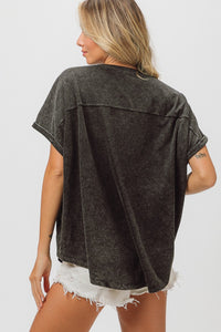 BiBi Mineral Washed Top with Sequin Baseball Patches in Black Charcoal Shirts & Tops BiBi   