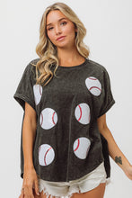 Load image into Gallery viewer, BiBi Mineral Washed Top with Sequin Baseball Patches in Black Charcoal Shirts &amp; Tops BiBi   
