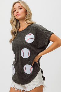 BiBi Mineral Washed Top with Sequin Baseball Patches in Black Charcoal Shirts & Tops BiBi   
