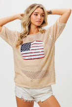 Load image into Gallery viewer, BiBi Open Knit Top with Sequin American Flag Patch on Front in Oatmeal Shirts &amp; Tops BiBi   
