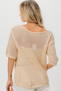 BiBi Open Knit Top with Sequin American Flag Patch on Front in Oatmeal Shirts & Tops BiBi   