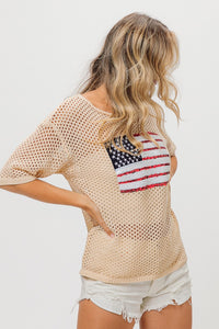 BiBi Open Knit Top with Sequin American Flag Patch on Front in Oatmeal Shirts & Tops BiBi   