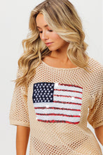 Load image into Gallery viewer, BiBi Open Knit Top with Sequin American Flag Patch on Front in Oatmeal Shirts &amp; Tops BiBi   
