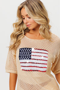BiBi Open Knit Top with Sequin American Flag Patch on Front in Oatmeal Shirts & Tops BiBi   