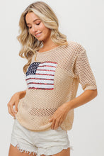 Load image into Gallery viewer, BiBi Open Knit Top with Sequin American Flag Patch on Front in Oatmeal Shirts &amp; Tops BiBi   
