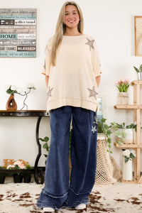 BlueVelvet Thermal Star Patched and Beaded Top in Taupe-Brown Shirts & Tops BlueVelvet   