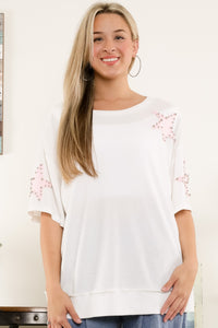 BlueVelvet Thermal Star Patched and Beaded Top in Pink-White