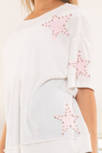 Load image into Gallery viewer, BlueVelvet Thermal Star Patched and Beaded Top in Pink-White
