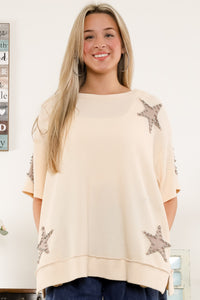 BlueVelvet Thermal Star Patched and Beaded Top in Taupe-Brown Shirts & Tops BlueVelvet   