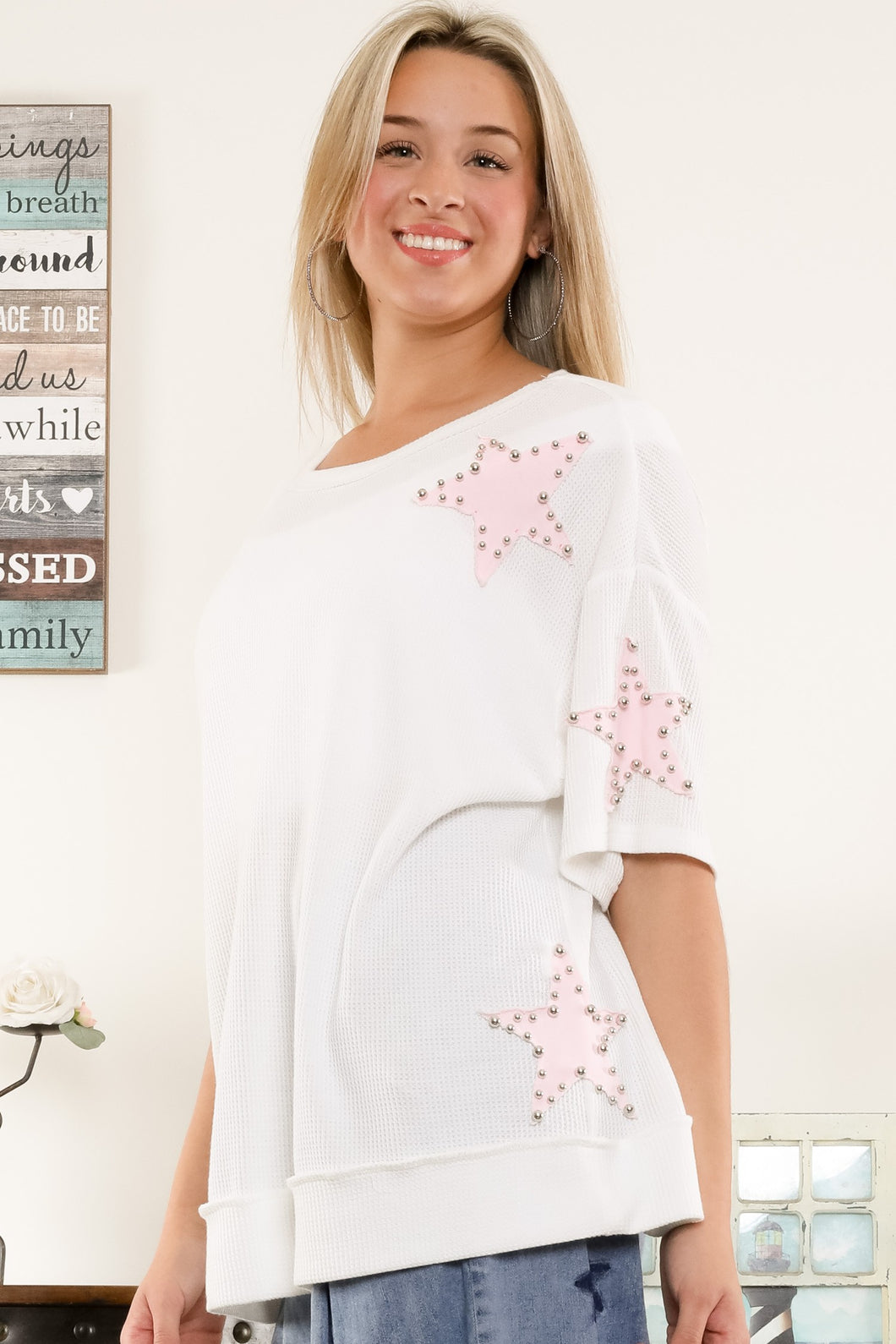 BlueVelvet Thermal Star Patched and Beaded Top in Pink-White