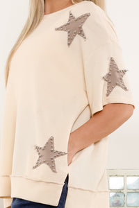 BlueVelvet Thermal Star Patched and Beaded Top in Taupe-Brown Shirts & Tops BlueVelvet   