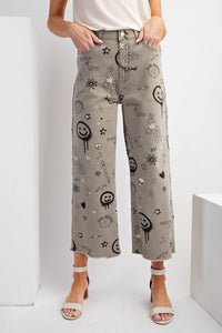 Easel Mixed Fun Print Denim Twill Pants in Faded Olive ON ORDER Pants Easel   