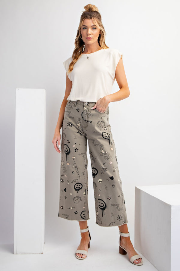 Easel Mixed Fun Print Denim Twill Pants in Faded Olive ON ORDER Pants Easel   