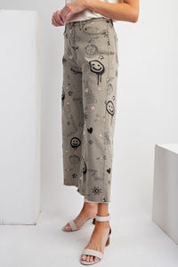 Easel Mixed Fun Print Denim Twill Pants in Faded Olive Pants Easel   