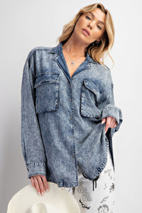 Easel Stone Washed Button Down Top in Washed Denim Shirts & Tops Easel   