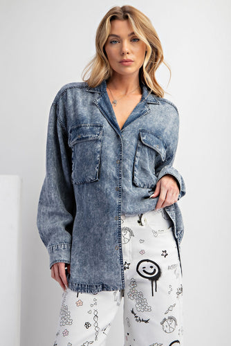 Easel Stone Washed Button Down Top in Washed Denim Shirts & Tops Easel   