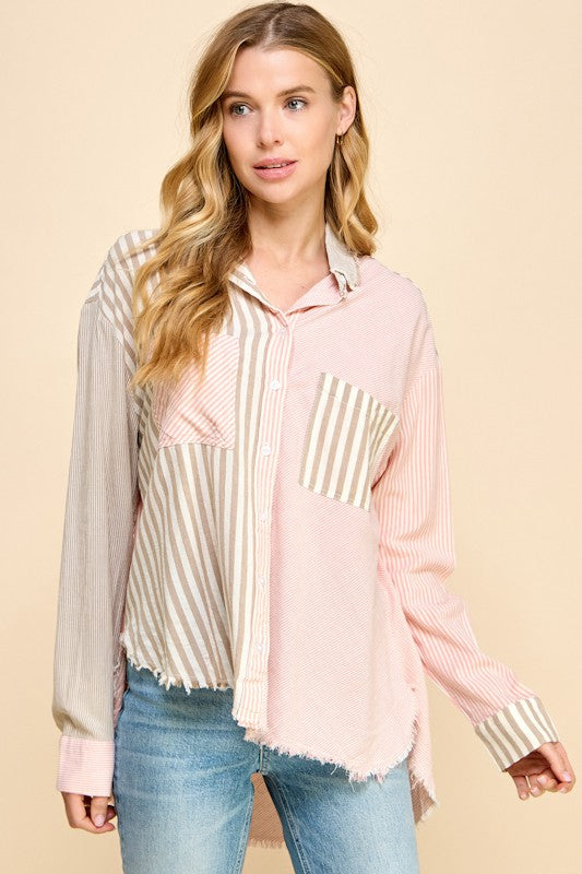 Millibon Multi Stripe Button Down Top in Taupe/Pink Shirts & Tops Millibon   