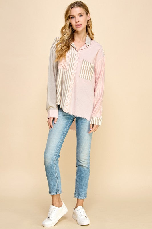 Millibon Multi Stripe Button Down Top in Taupe/Pink Shirts & Tops Millibon   