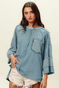 BiBi Solid Color Jersey Knit and Gauze Top in Denim Shirts & Tops BiBi   
