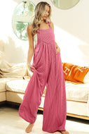 BiBi Solid Color Ribbed Textured Wide Leg Overalls in Fuchsia