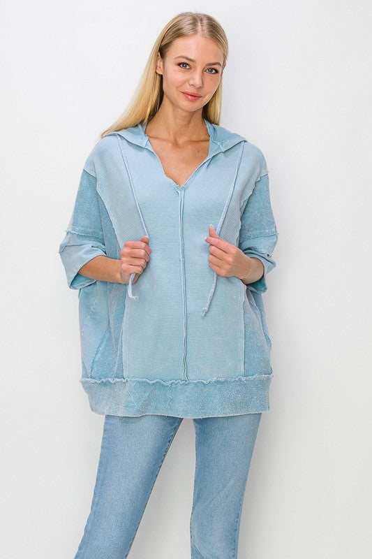 J.Her Short Sleeve Pullover Hooded Top in Vintage Blue Shirts & Tops J.Her   