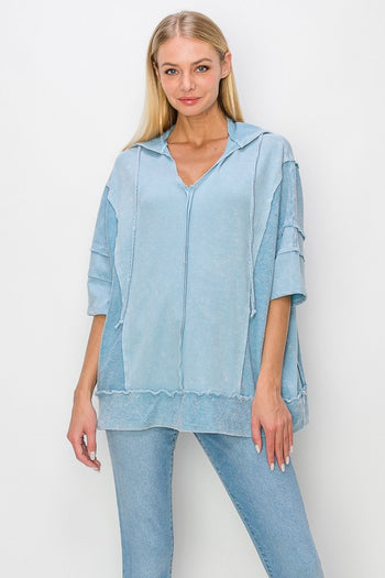 J.Her Short Sleeve Pullover Hooded Top in Vintage Blue Shirts & Tops J.Her   
