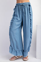 Easel Chambray Pants with Ruffle Details in Light Denim Pants Easel   