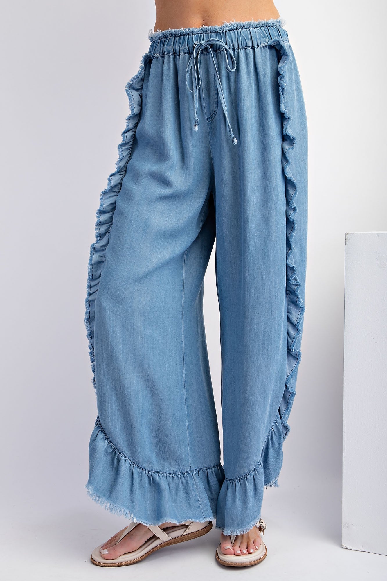 Side Ruffle Pants Easel Chambray Pants with Ruffle Details in Light Denim ON ORDER – June ...