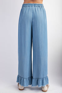 Easel Chambray Pants with Ruffle Details in Light Denim Pants Easel   