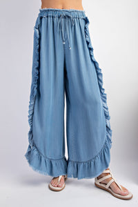 Easel Chambray Pants with Ruffle Details in Light Denim Pants Easel   