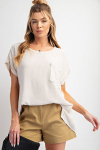 Easel Solid Color Cotton and Linen Blend Top in Oatmeal Shirts & Tops Easel   