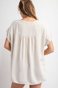 Easel Solid Color Cotton and Linen Blend Top in Oatmeal Shirts & Tops Easel   