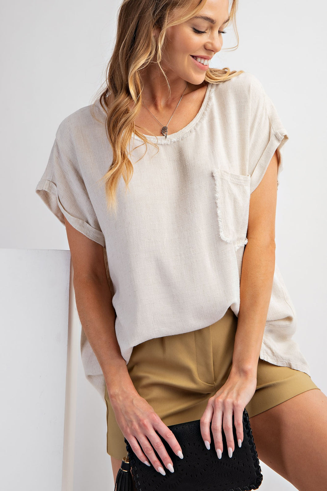 Easel Solid Color Cotton and Linen Blend Top in Oatmeal Shirts & Tops Easel   