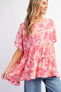 Easel Peach Blossom Print Babydoll Tunic Top in Blush Shirts & Tops Easel   