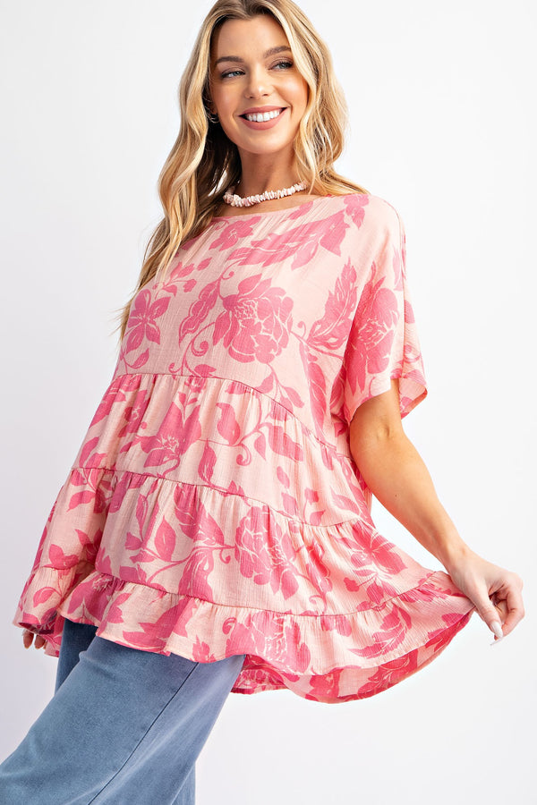 Easel Peach Blossom Print Babydoll Tunic Top in Blush Shirts & Tops Easel   