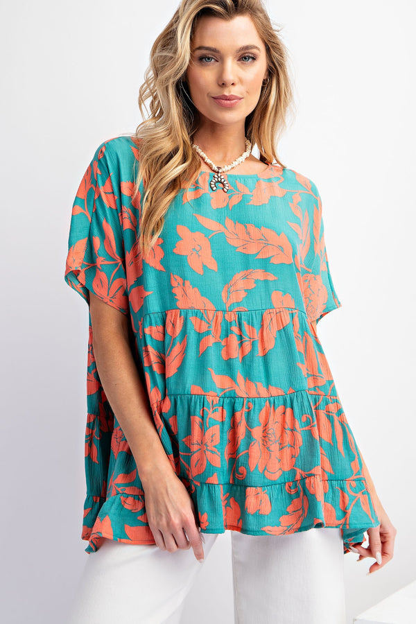 Easel Peach Blossom Print Babydoll Tunic Top in Atlantis Green ON ORDER Shirts & Tops Easel   