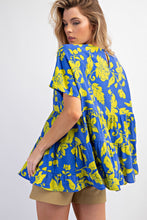 Load image into Gallery viewer, Easel Peach Blossom Print Babydoll Tunic Top in Peri Blue Shirts &amp; Tops Easel   
