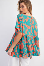 Load image into Gallery viewer, Easel Peach Blossom Print Babydoll Tunic Top in Atlantis Green Shirts &amp; Tops Easel   
