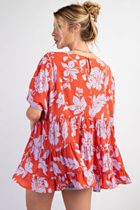 Easel Peach Blossom Print Babydoll Tunic Top in Persimmon Shirts & Tops Easel   