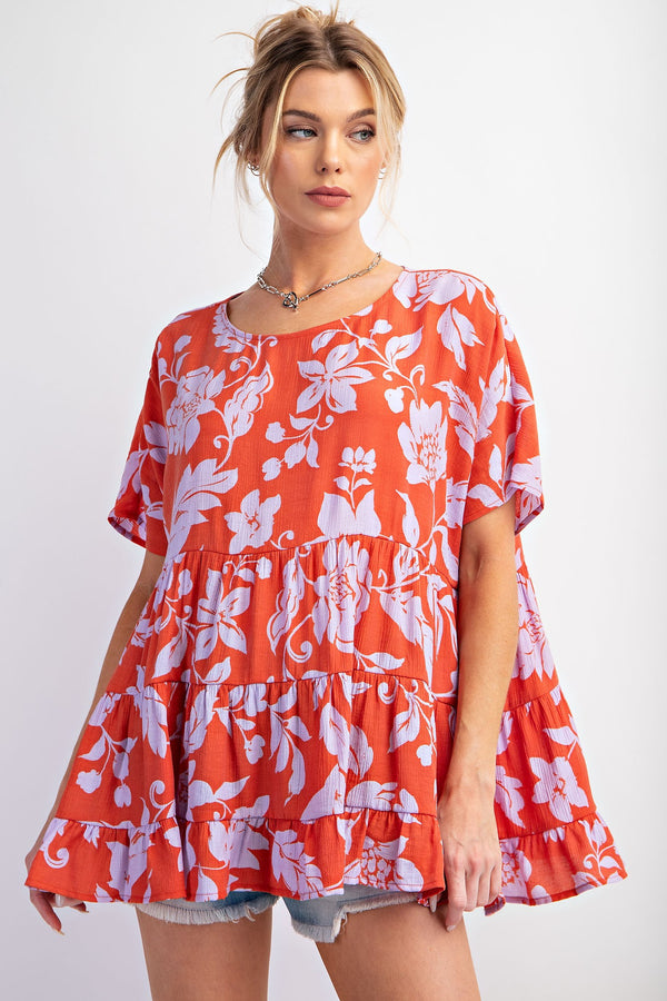 Easel Peach Blossom Print Babydoll Tunic Top in Persimmon Shirts & Tops Easel   
