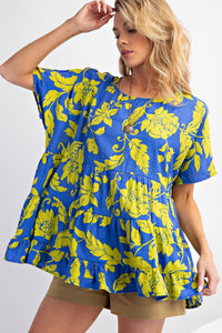 Easel Peach Blossom Print Babydoll Tunic Top in Peri Blue Shirts & Tops Easel   