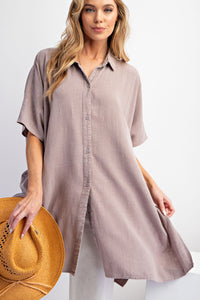 Easel Linen Blend Button Down Tunic Top in Mushroom Shirts & Tops Easel   