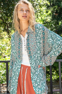 POL OVERSIZED Paisley Print Button Down Top in Teal