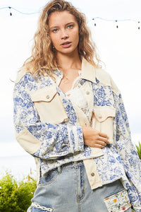 POL Floral Print Button Down Jacket in Blue/Ivory Jacket POL Clothing   