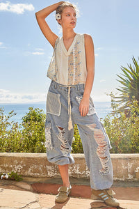 POL Crochet Patched and Distressed Jogger Pants in Denim ON ORDER Pants POL Clothing   